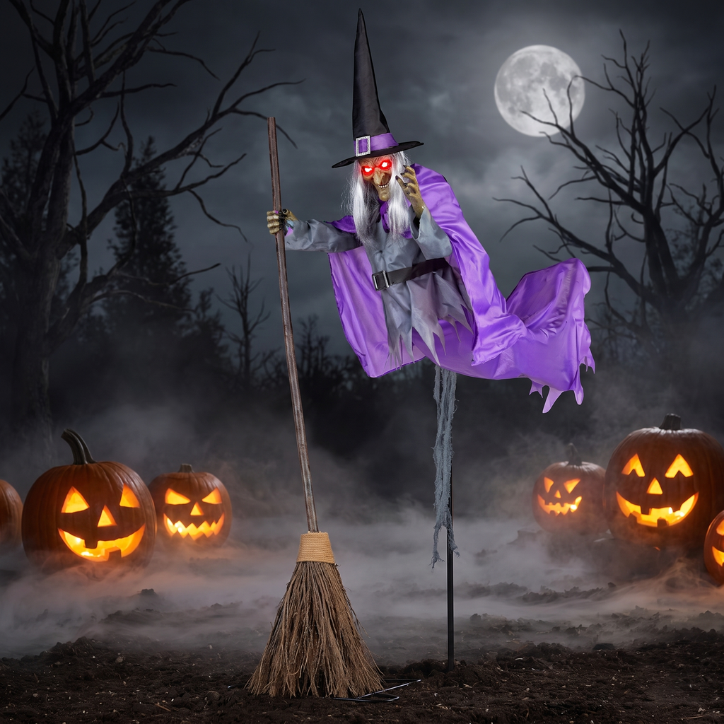 6ft Flying Witch – Life-Size Halloween Decoration with Scary Sound & Glowing Eyes